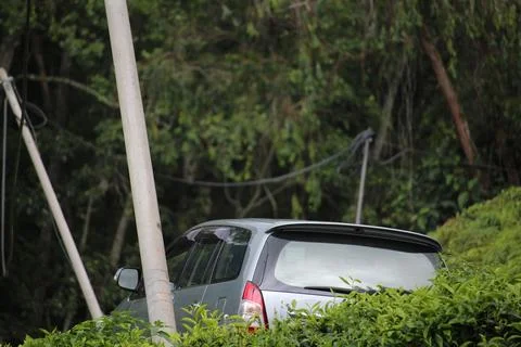 MPV car driving up a hill surrounded by trees Foto stock