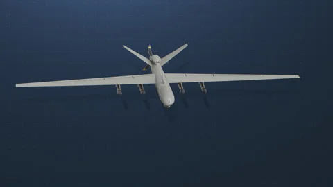 MQ-9 Reaper Drone in Flight on Digital Grid Background Video stock 332136580