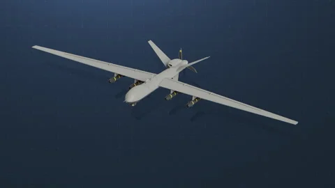 MQ-9 Reaper Drone in Flight on Digital Grid Background Video stock 332136706