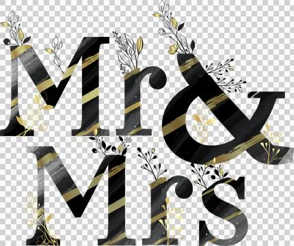 Mr  and  Mrs type is showing gold-striped watercolor textures and floral motifs, Stock Illustration