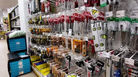 MR DIY store hardware aisle displaying hand tools Stock Footage 332092305