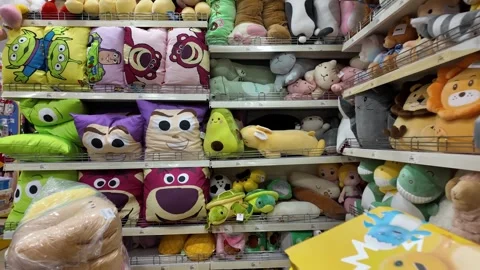 MR DIY store plush toy and pillow display shelves Stock Footage 332156850