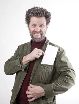 Mr. IceMan, smiling man with a beard, a beard covered with hoarfrost, he holding Stock-Fotos