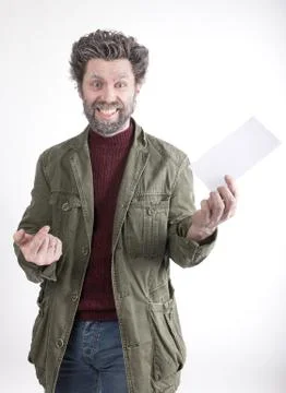 Mr. IceMan, smiling man with a beard, a beard covered with hoarfrost, he holding Stock-Fotos