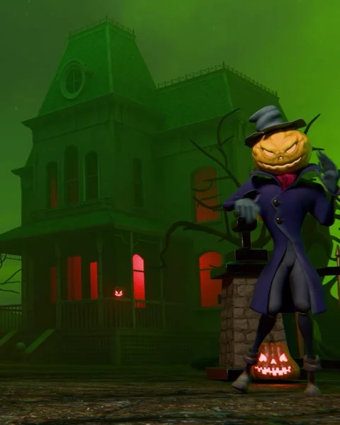 Mr pumpkin dancing in front of a haunted house Stock Footage 318359482