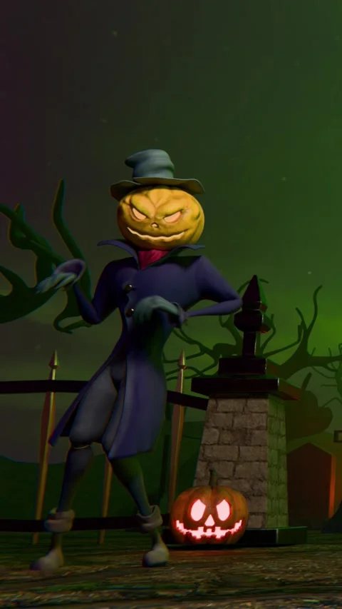 Mr pumpkin dancing in front of a haunted house Stock Footage 318359485