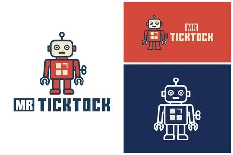 Mr ticktock wind up robot toy with graphic and text. Illustrazione stock