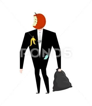 Mr. trash from garbage bag. Boss apple core. litter management. Businessman.. Stock Illustration