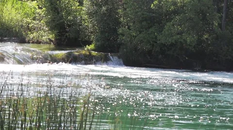 MREZ 42 River and low waterfall flowing merrily reeds in foreground Stock Footage 41535944