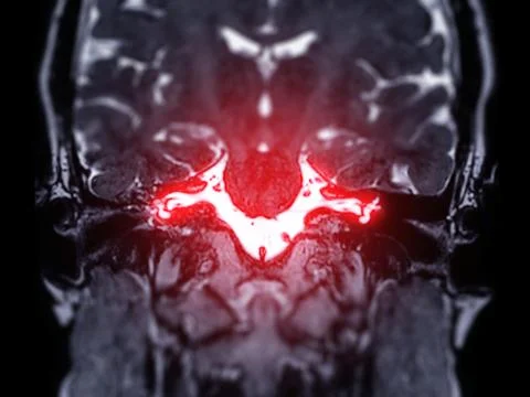 MRI Brain scan  with  the internal auditory canal (IAC) Coronal view. Stock Illustration