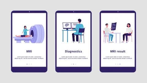 MRI machine diagnostics and result - flat ad banner set on phone screens Illustrazione stock
