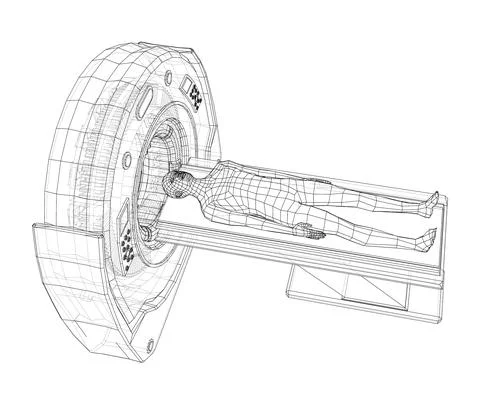 MRI machine scanning patient inside. Vector Illustrazione stock