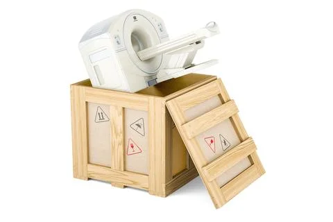 MRI or PET scanner inside wooden box, delivery concept. 3D rendering Stockillustratie