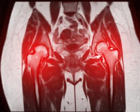 MRI scan of both hip joints reveals avascular necrosis of the femoral head. Stock Illustration