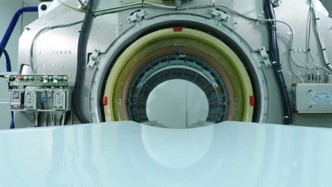 MRI scanner being installed. An empty MRI, CT, PET scanner. Closeup shot of MRI Video stock 107491593