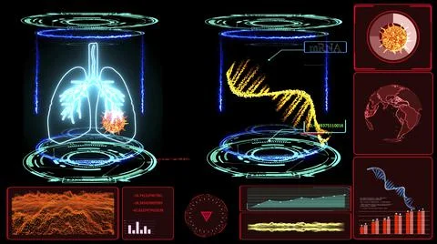 MRNA model to cure lungs simulation on computer digital laboratory capsule Stock-Fotos