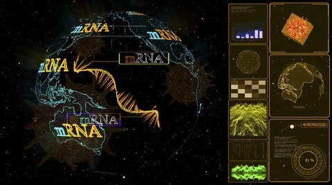 MRNA model on global digital computer yellow monitor research Stock Illustration