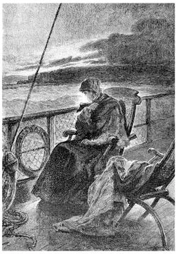 Mrs. Branican remained on deck, sitting at the back, vintage eng Stock Illustration