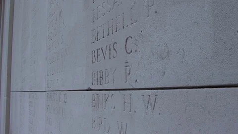 MS at Angle Names of the Dead Wall Panels at Menin Gate Memorial in Menin Gate Stock-Footage 98187913