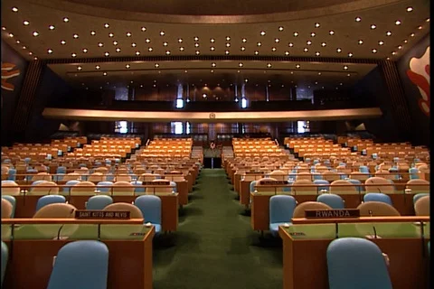 MS of the empty assembly in the Security Council chamber showing rows of seats Stock Footage 86752905