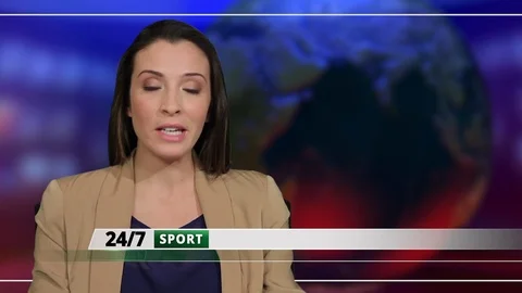 MS Female presenting sports news live from television studio Stock Footage