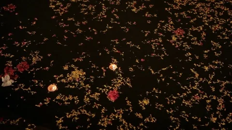 MS Illuminated offerings floating in Ganges river at night / Varanasi, India Stock Footage 69962970