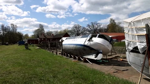M/S Kind overturned in a dry dock, Motala, Sweden Stock Footage 241083002