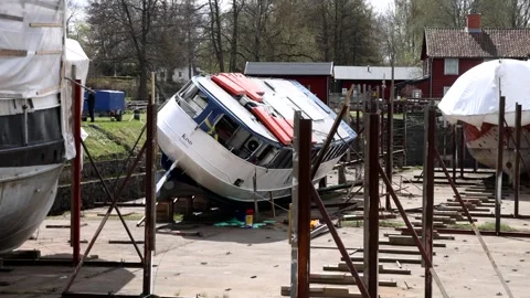 M/S Kind overturned in a dry dock, Motala, Sweden Stock Footage 241083004