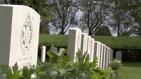 MS Leading Lines at angle Gravestones in row at Essex Farm Cemetery in Belgium Stock-Footage 97792717