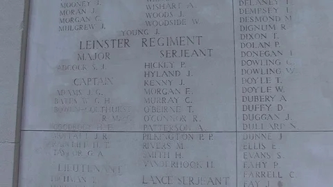 MS Leinster Regiment Names of the Dead at Menin Gate Memorial in Ypres Stock-Footage 98187918