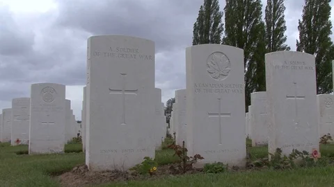 MS Low Angle of Commonwealth Gravestones at Tyne Cot Cemetery in Ypres, Belgium Stock-Footage 98401930