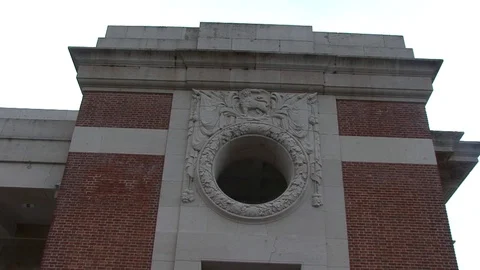 MS Low Angle of Menin Gate exterior Window at Menin Gate in Ypres. Stock Footage 98187957