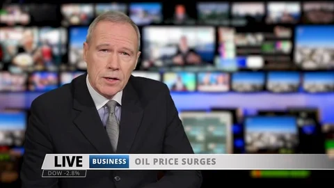 MS male news anchor speaking at news desk about oil crisis Stock Footage