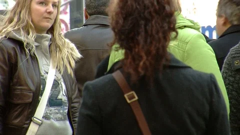 Ms pedestrians crossing ads in the back girls changing way Stock-Footage 87048678