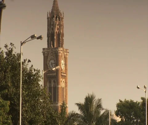 MS Rajabai Clock Tower over treetops Stock Footage 86742772