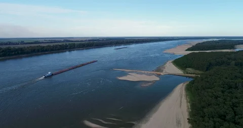 Ms River Barges and Sand Beach 4k Stock Footage 124989007