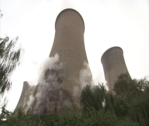 MS steam billowing from around cooling tower with hissing sound Stock Footage 86744649