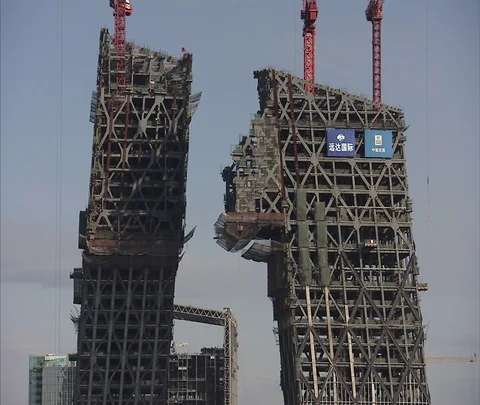 MS top of new CCTV building under construction Stock Footage 86744975