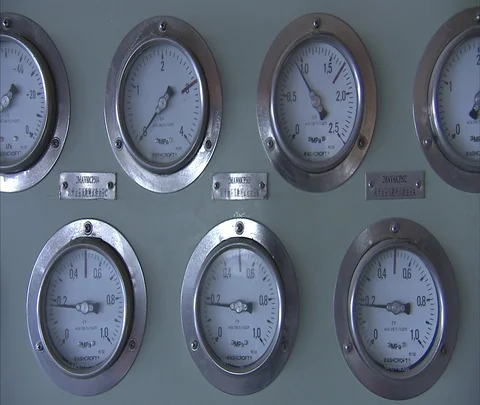 MS wall of gauges measuring megapascals inside Shenhua Sanhe power station Stock Footage 86746460