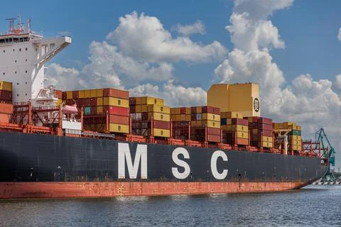 MSC cargo container ship. Global container shipping company. Mediterranean Stock Photos