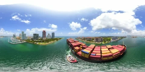 MSC Cargo ship arriving at Port Miami aerial drone 360 VR views Video stock 339352907