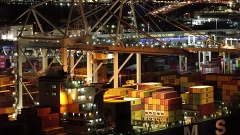 MSC cargo ship loading Port Miami night aerial video Stock Footage 344976744