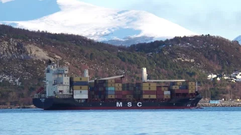 MSC container ship off Alesund, More og Romsdal, Norway Stock Footage 274020403