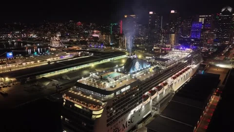 MSC Magnifica Sets Sail From San Diego Bay at Night Stock Footage 328279400