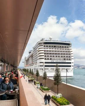 MSC SPLENDIDA, Large cruise ship docked at terminal of Galataport, Shore of Stock Photos