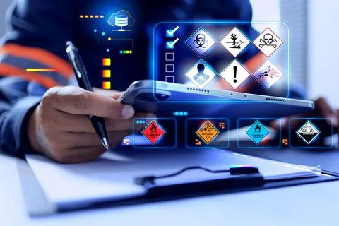 MSDS Material safety data sheet concept with engineer working dangerous subst Fotos de archivo