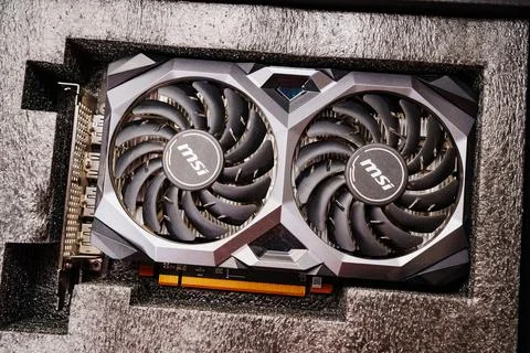 MSI. AMD Graphics Card. device displays on monitor all actions in computer. Foto stock