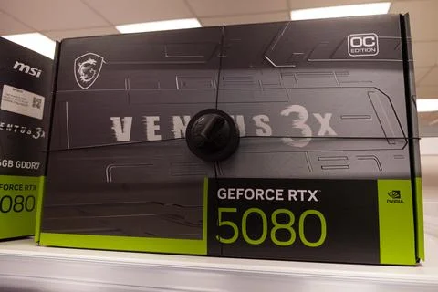 MSI GeForce RTX 5080 graphics card box displayed in electronics store Stock Photos