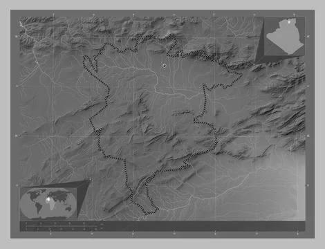 M'Sila, Algeria. Grayscale elevation map with lakes and rivers Stock Illustration