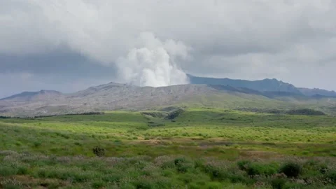 Mt Aso : Japan's largest active volcano drone 4K Stock Footage 190250323